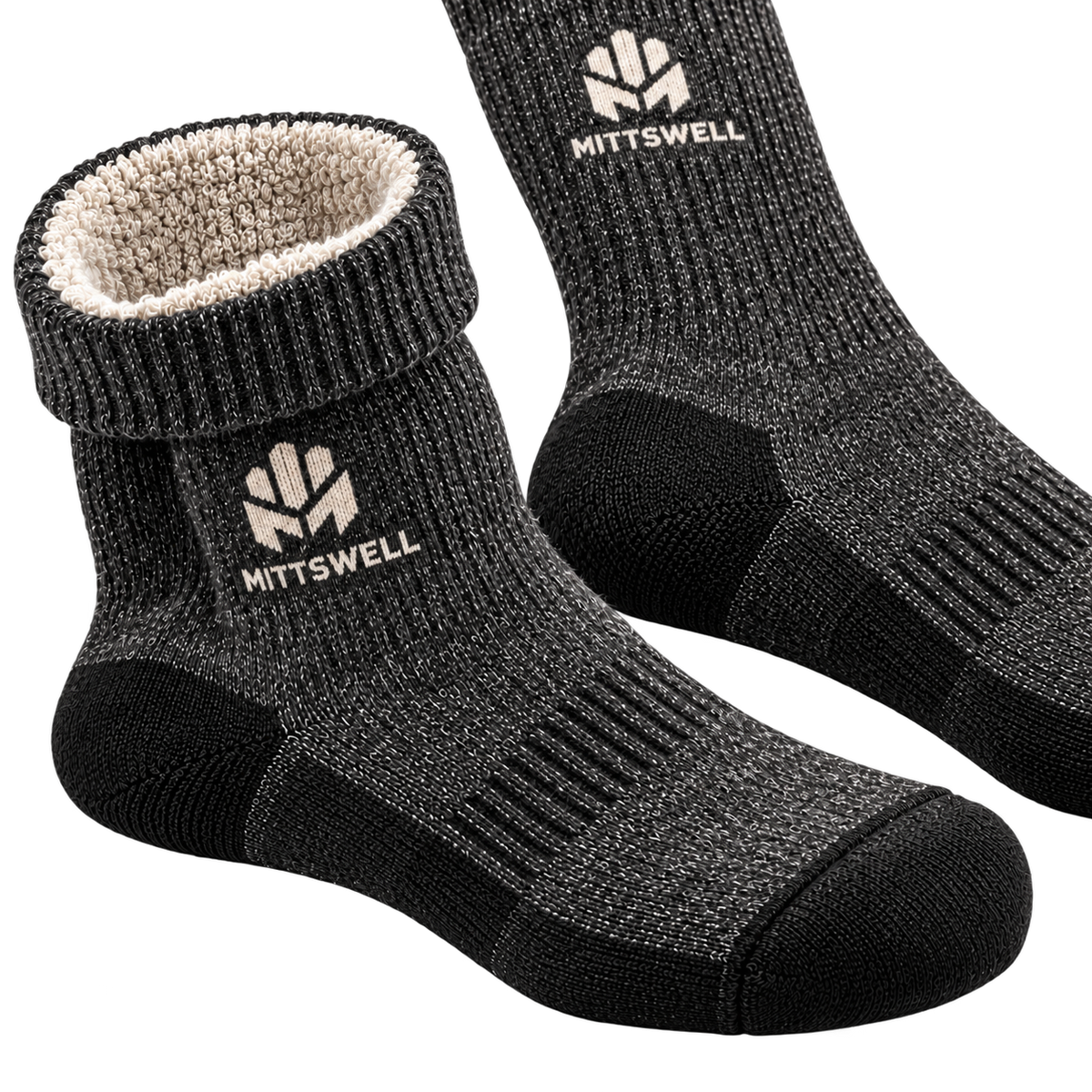 MITTSWELL alpaca thermal work sock concept showing the insulated inner knit, charcoal upper, reinforced black heel and toe, and ribbed arch.