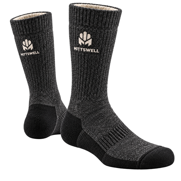 MITTSWELL charcoal-and-black alpaca thermal work sock design with reinforced heel, toe and sole, ribbed arch and boot-height cuff.