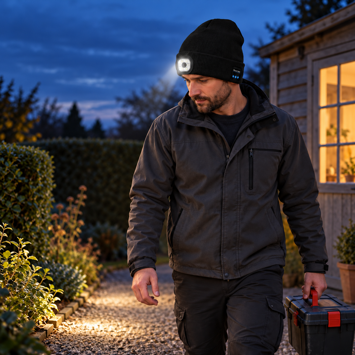 Adult wearing the black MITTSWELL Light & Sound Beanie beside a shed at dusk, with the front light illuminating the nearby path.