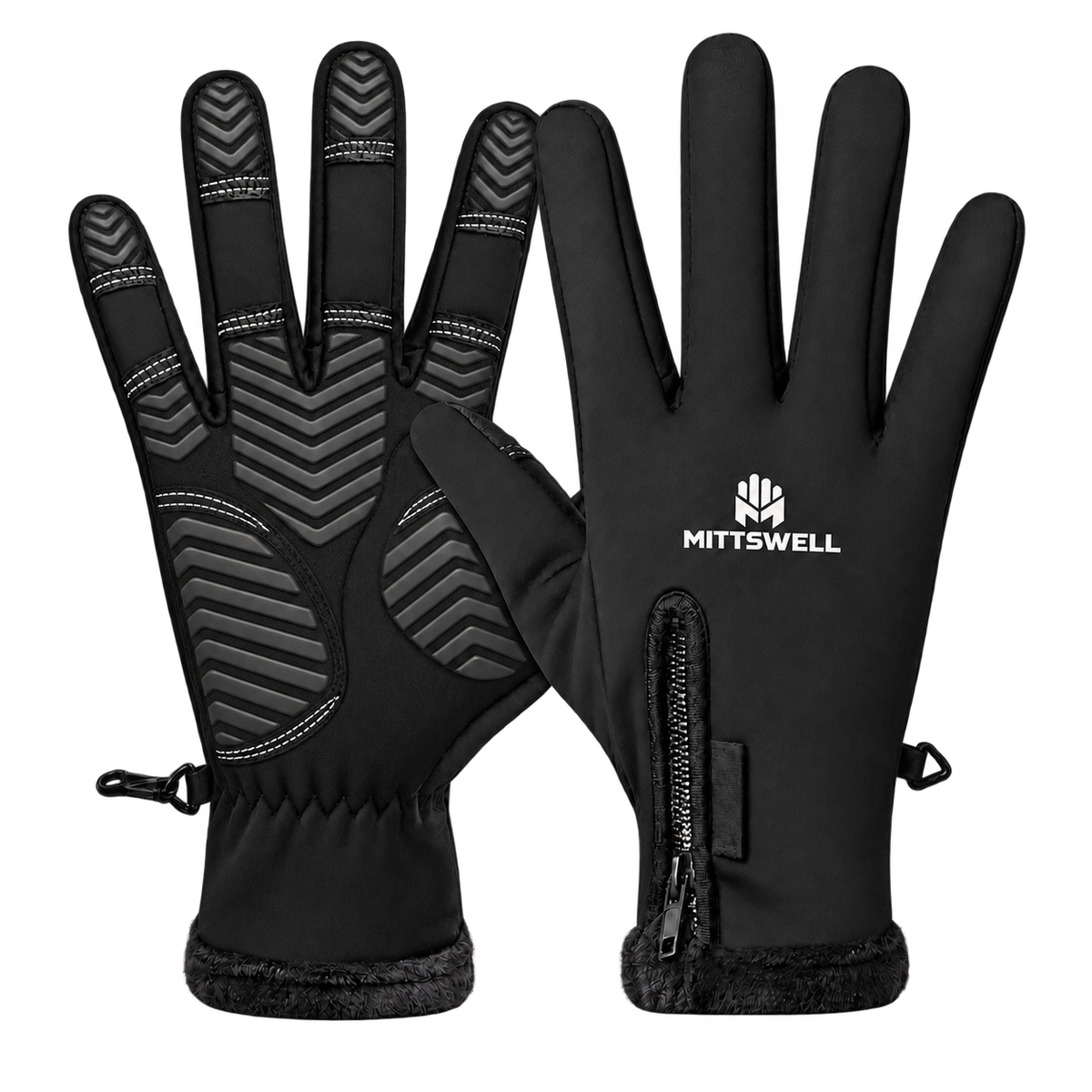 MITTSWELL black gloves with the glove-and-M logo, zoned chevron palm and fingertip grip, touchscreen detail and zip cuff.