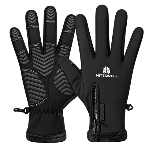 MITTSWELL black gloves with the glove-and-M logo, zoned chevron palm and fingertip grip, touchscreen detail and zip cuff.
