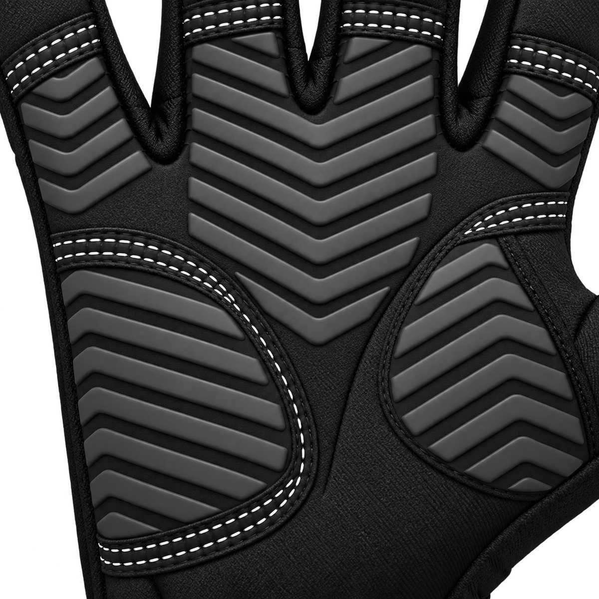 Close-up of the MITTSWELL glove’s black chevron palm surface, flex channels and double-stitched border.