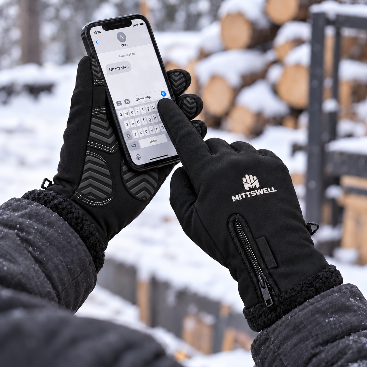 A MITTSWELL gloved index finger touches a phone screen while the other gloved hand holds the phone.