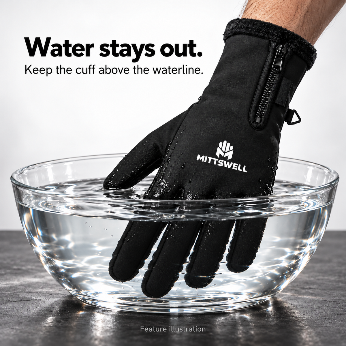 MITTSWELL glove feature illustration: fingers and lower hand in a shallow bowl of water, with the entire cuff above the waterline.