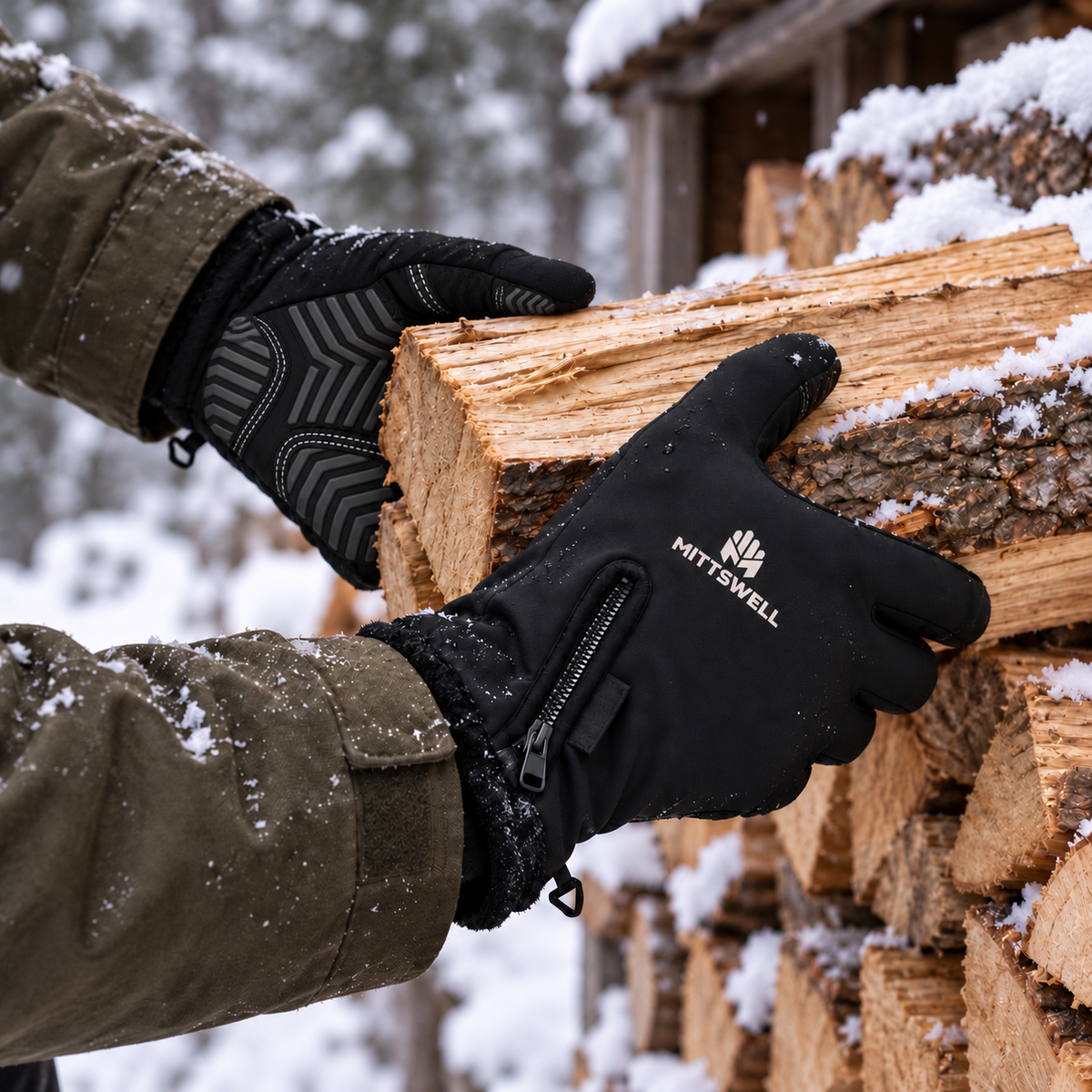 Black MITTSWELL gloves handling split firewood beside a snowy wood stack.