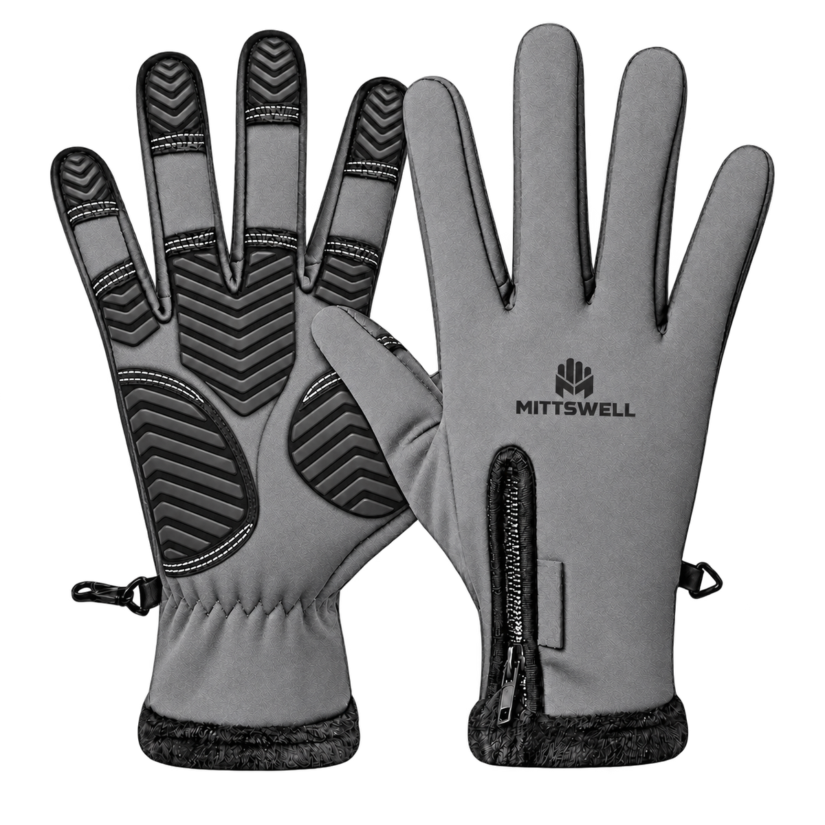 MITTSWELL gray gloves with the glove-and-M logo, black zoned chevron palm and fingertip grip, touchscreen detail and zip cuff.