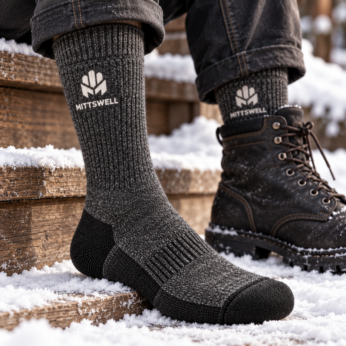 MITTSWELL charcoal thermal work socks shown with work boots beside a snowy outdoor step.